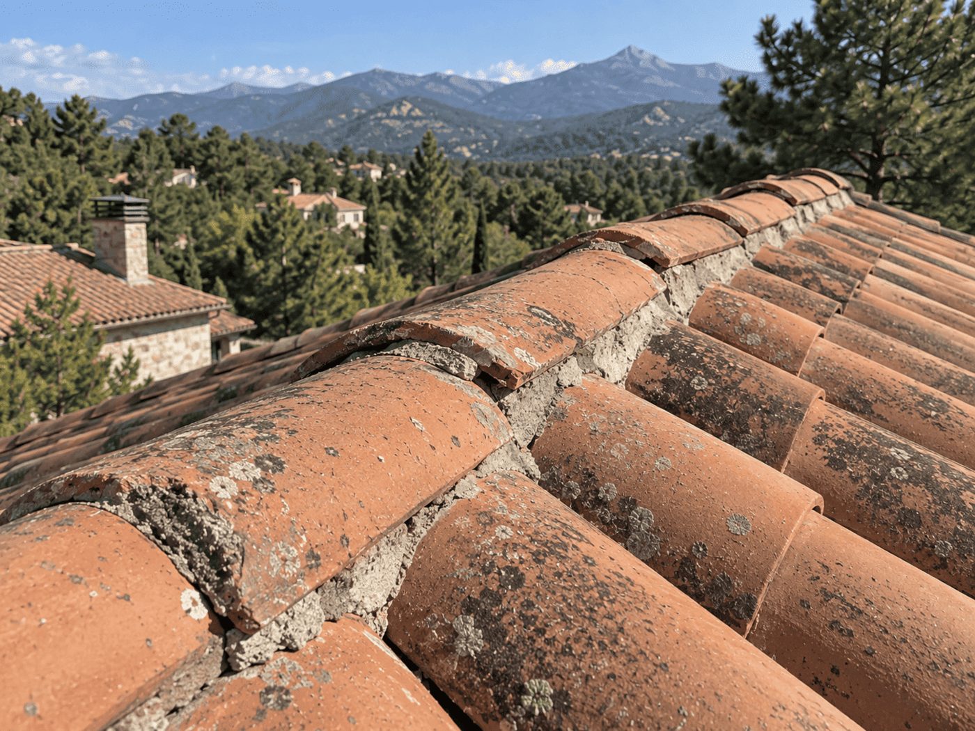 Cumbrera de tejado con piezas de remate | reparaciondetejados.madrid Cumbrera de un tejado de teja cerámica en la Sierra de Madrid, con las piezas especiales de remate que protegen la unión de los faldones — reparaciondetejados.madrid.