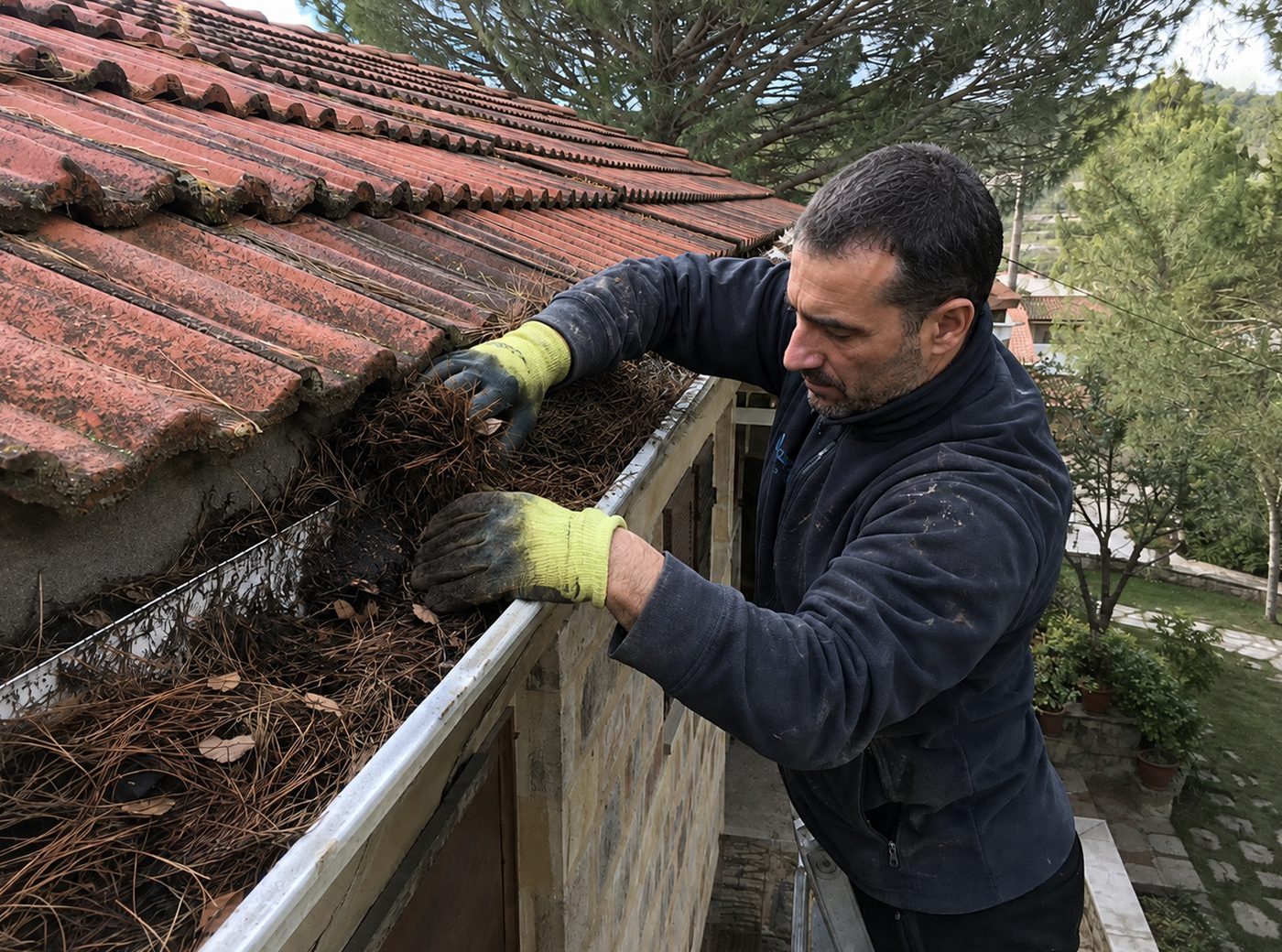 Servicio de limpieza de canalones Limpieza profesional de canalones para evitar atascos y goteras, realizada por reparaciondetejados.madrid en la Sierra de Madrid.