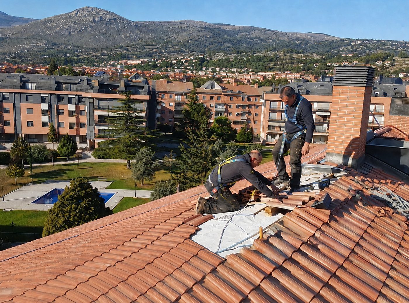 Trabajo de reparación de tejado en un edificio con una estructura de cubierta compleja, realizado por reparaciondetejados.madrid.