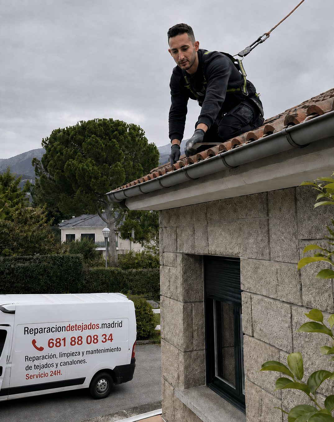 Técnico de reparaciondetejados.madrid trabajando con arnés de seguridad en la reparación de un tejado de teja curva, con la furgoneta de la empresa junto a la vivienda.