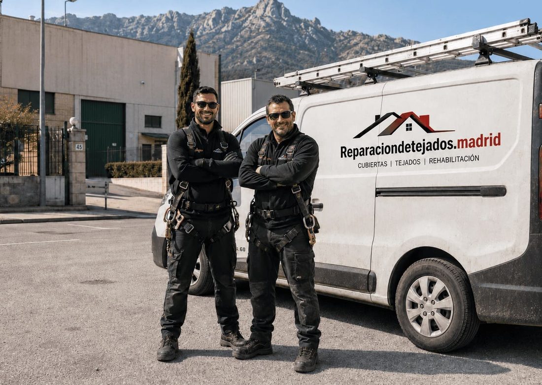 Los dos técnicos de reparaciondetejados.madrid con equipo de trabajo en altura junto a la furgoneta de la empresa, con la Sierra de Madrid al fondo.